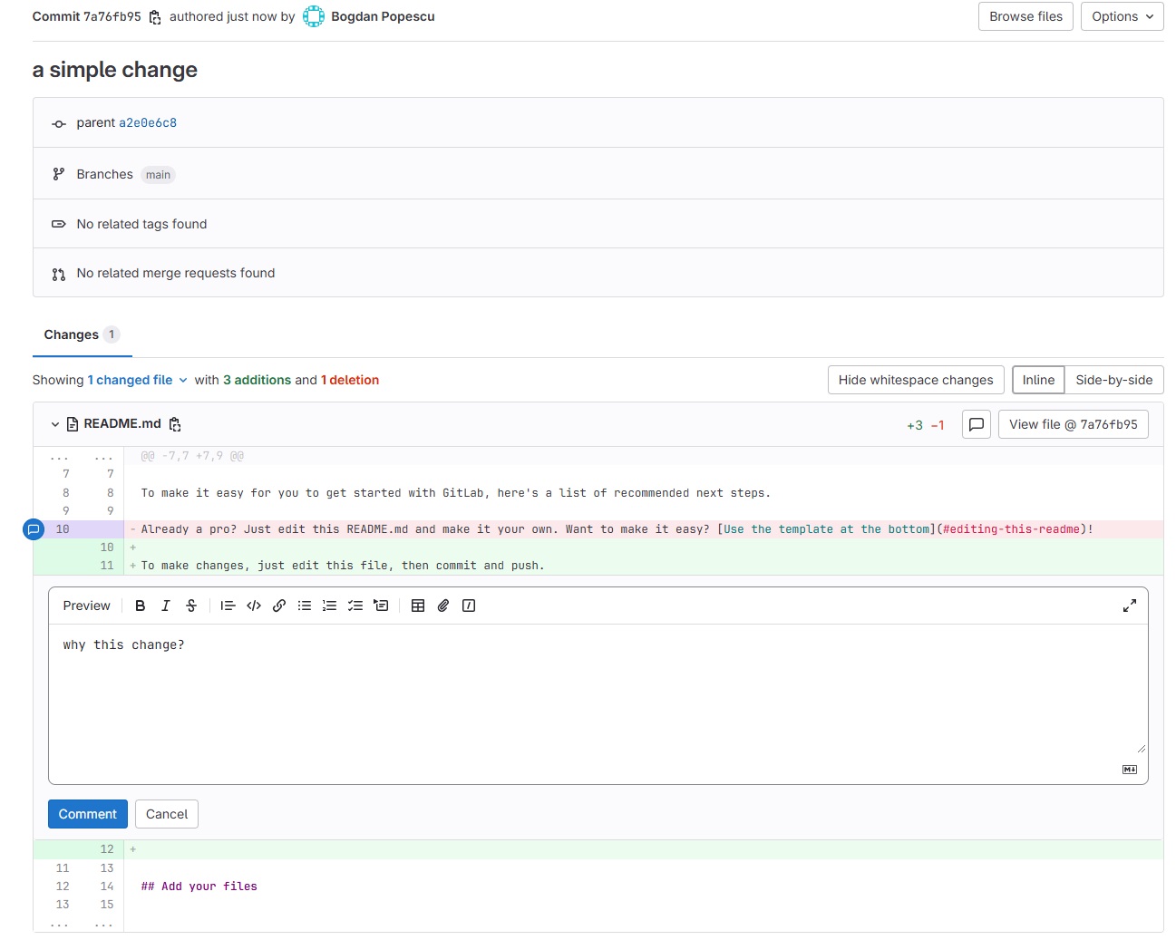 Commenting on commit changes in GitLab