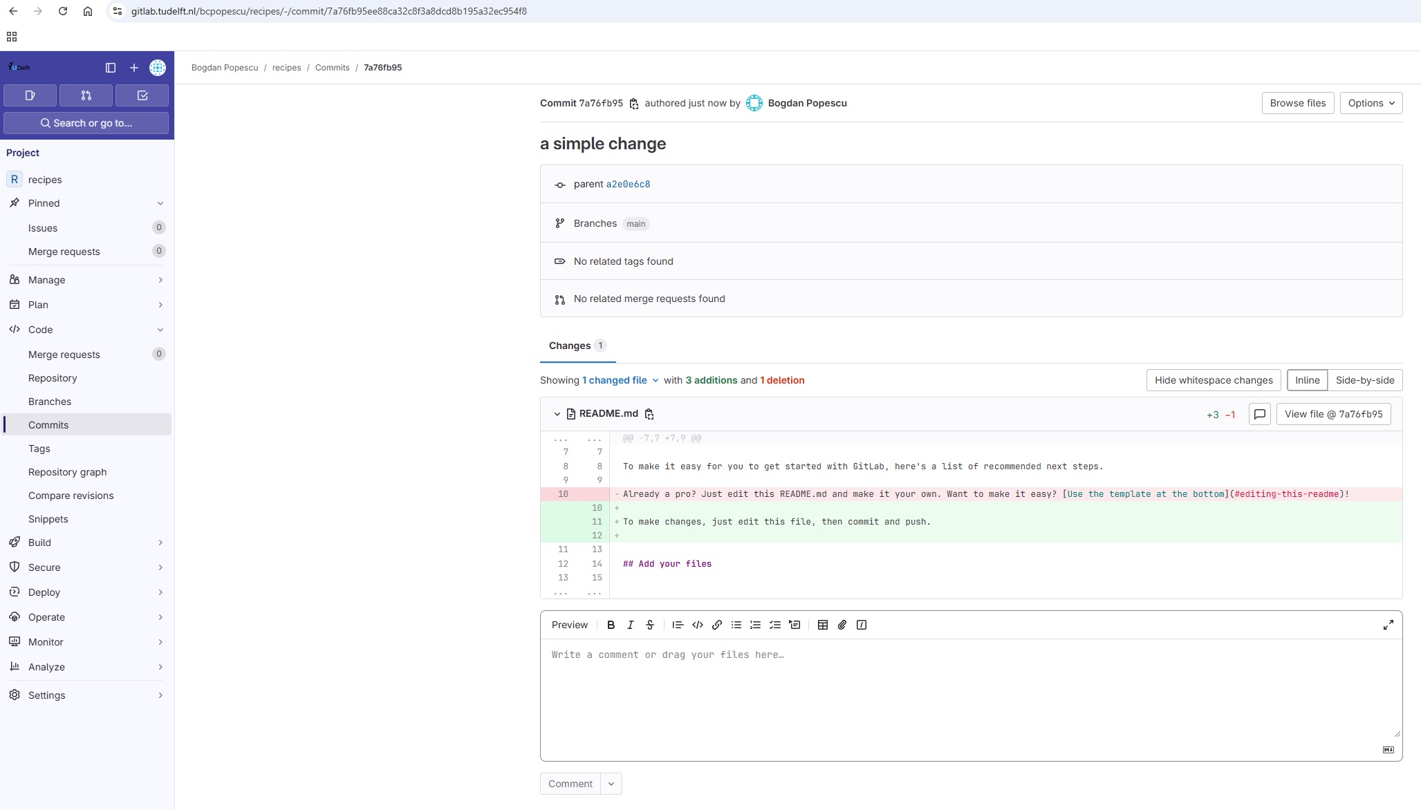 Reviewing commit changes in GitLab