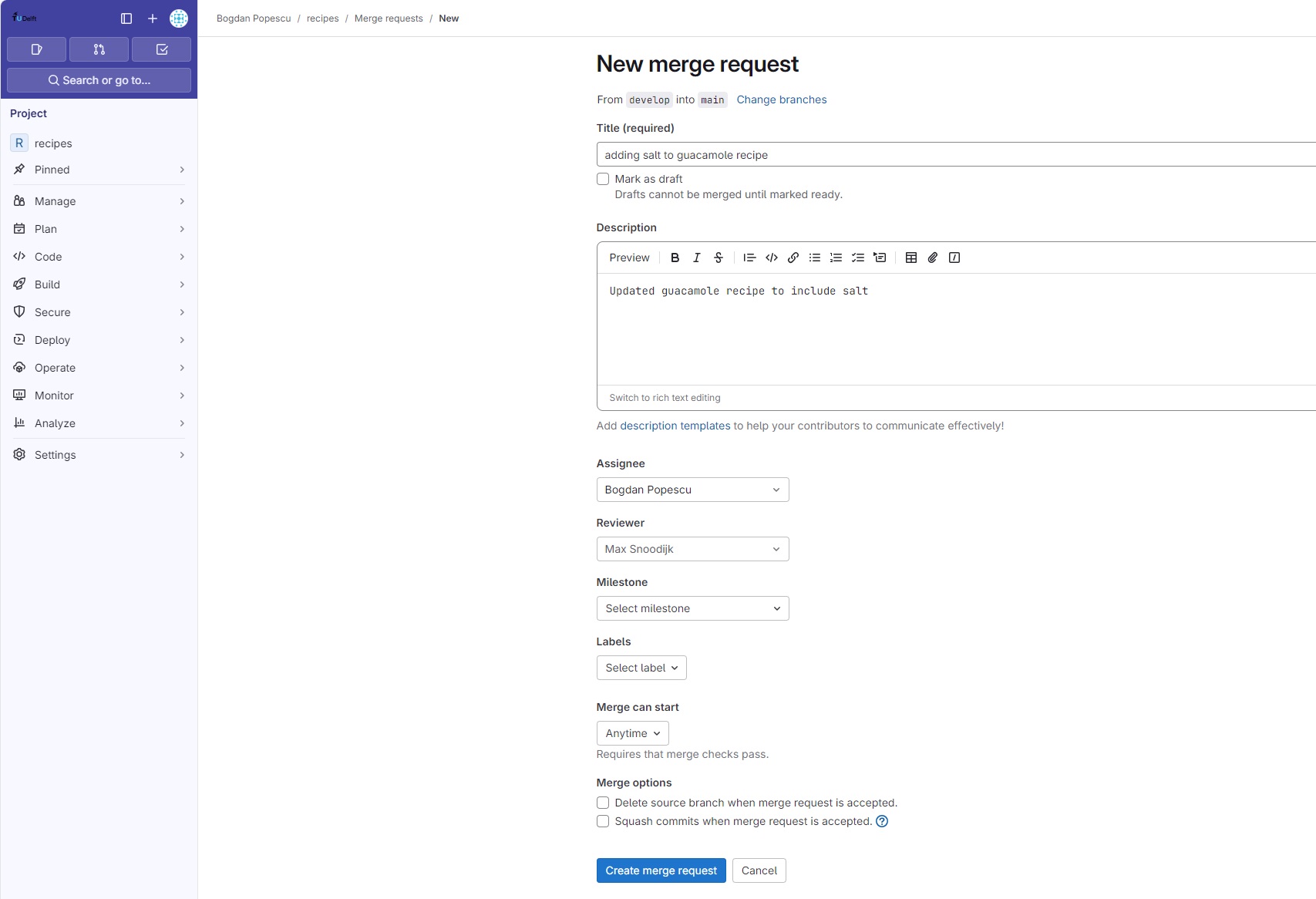 Merge Request form