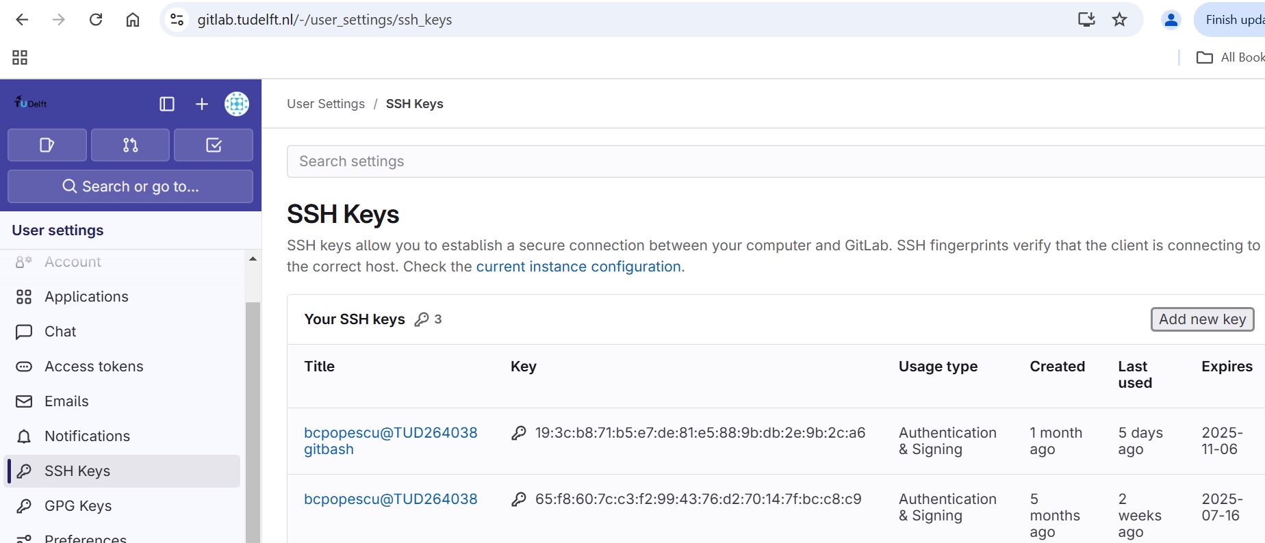 The SSH Keys page in GitLab