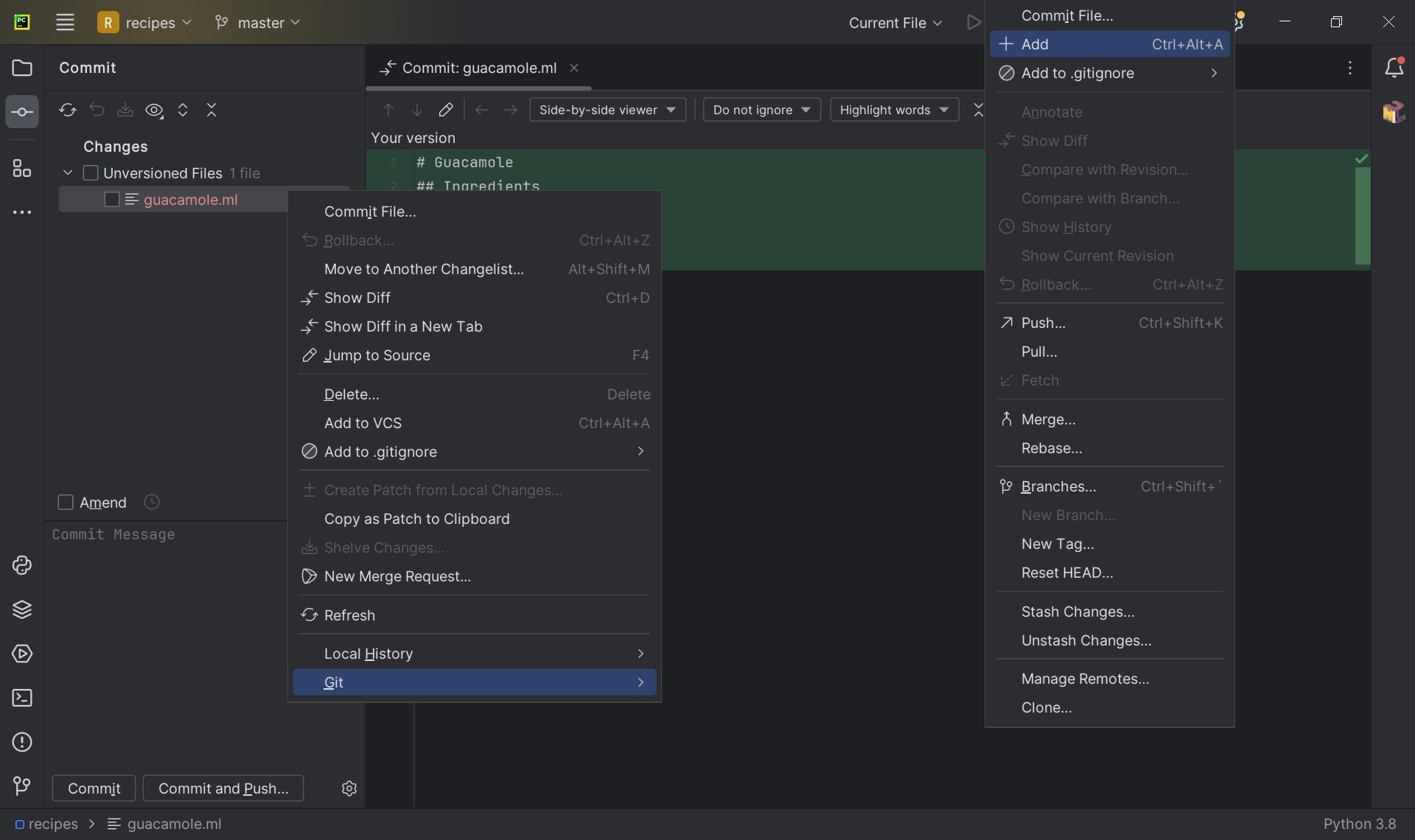 Adding a file to a Git repo using PyCharm