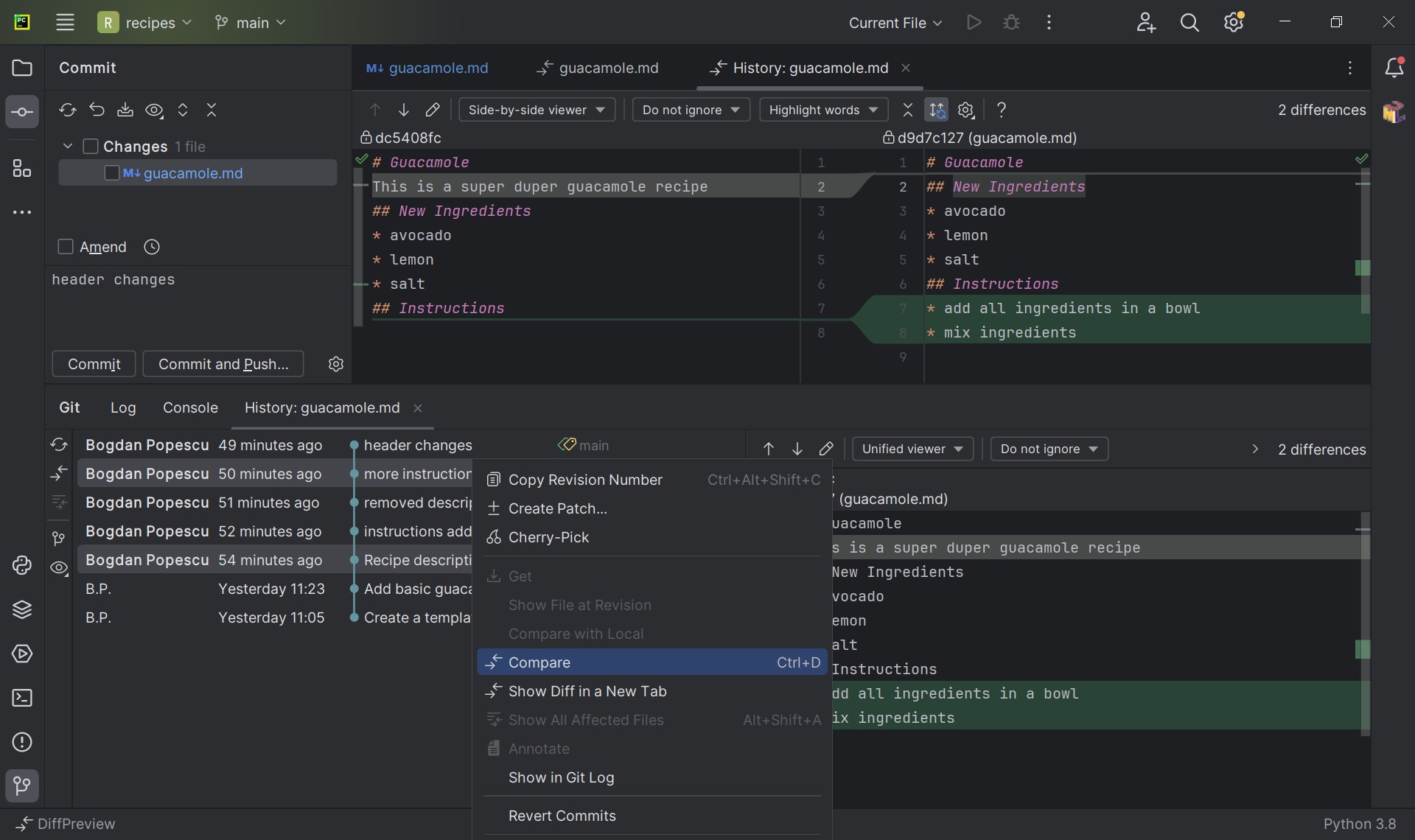 Comparing two Git revisions using PyCharm