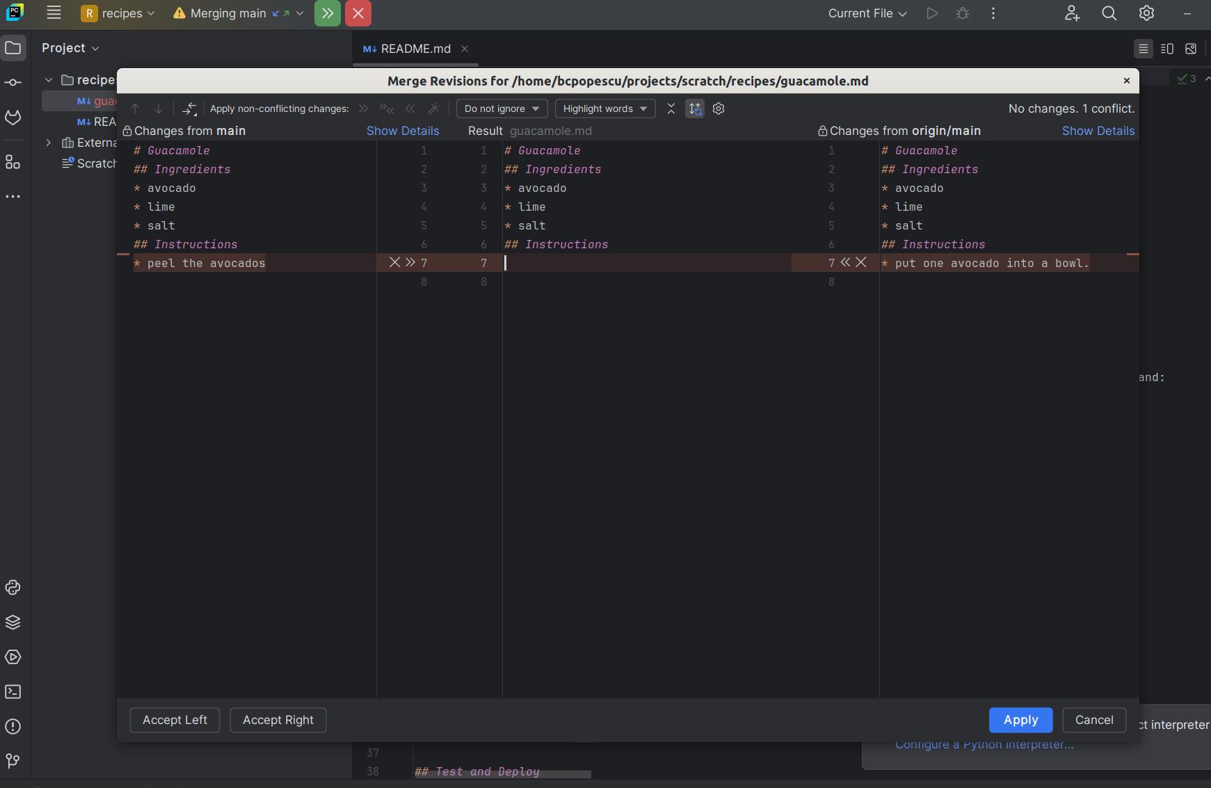 Solving merge conflicts using PyCharm