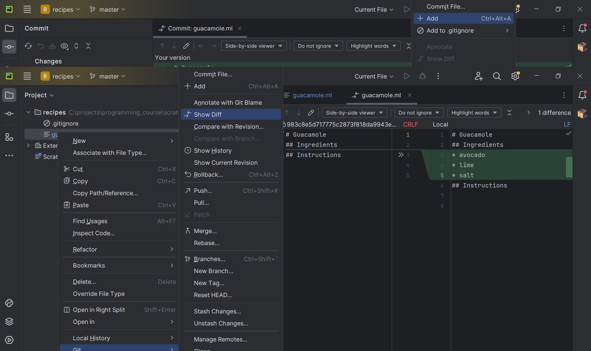 Git diff using PyCharm