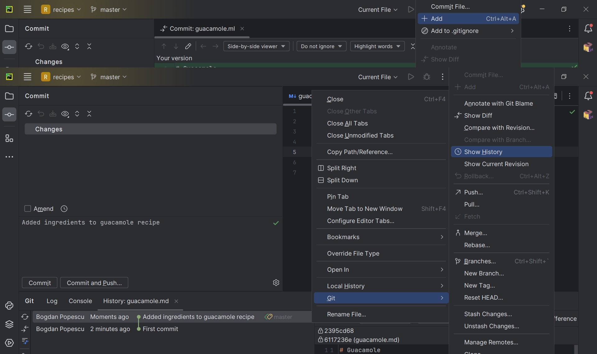 Exploring Git repo history using PyCharm