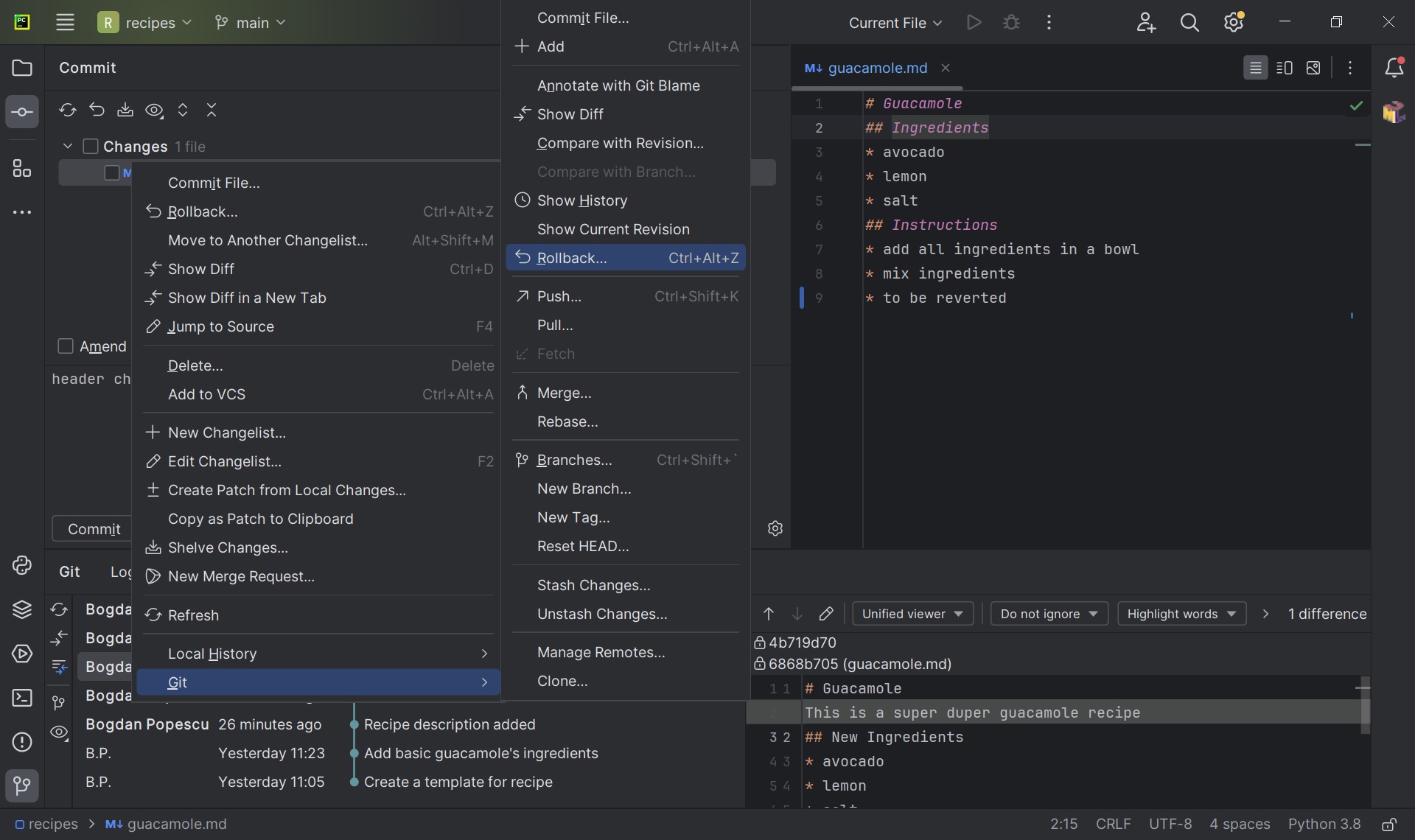 Git rollback using PyCharm